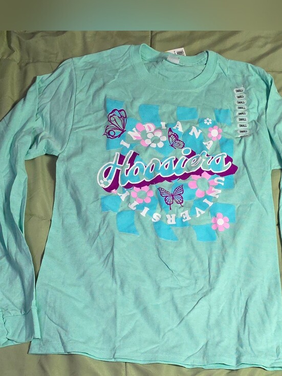 Hanes Tops - Hanes Mint Green Hoosiers Long Sleeve Tee with Pink & Purple Butterfly Graphic